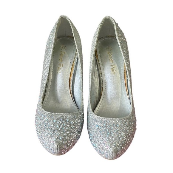 DREAM PAIRS EMBELLISHED SHINY WHITE GREY HEEL PUMPS - Picture 2 of 6
